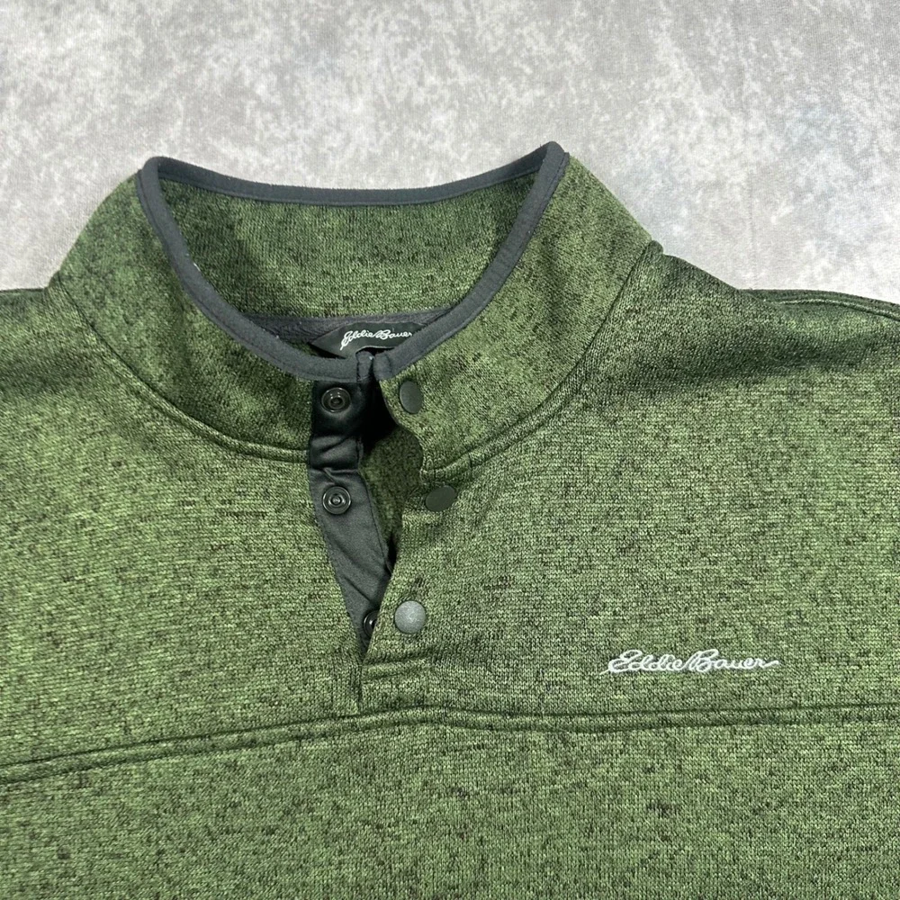 Eddie Bauer Men XXL Green Heathered Sweater Fleece Snap Mock Neck Pullover Cabin